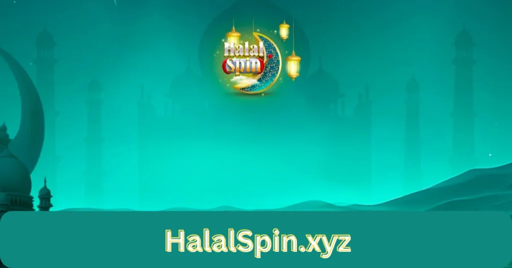 Halal Spin game logo with crescent moon and lanterns on a green Islamic themed background with "HalalSpin.xyz" text below.